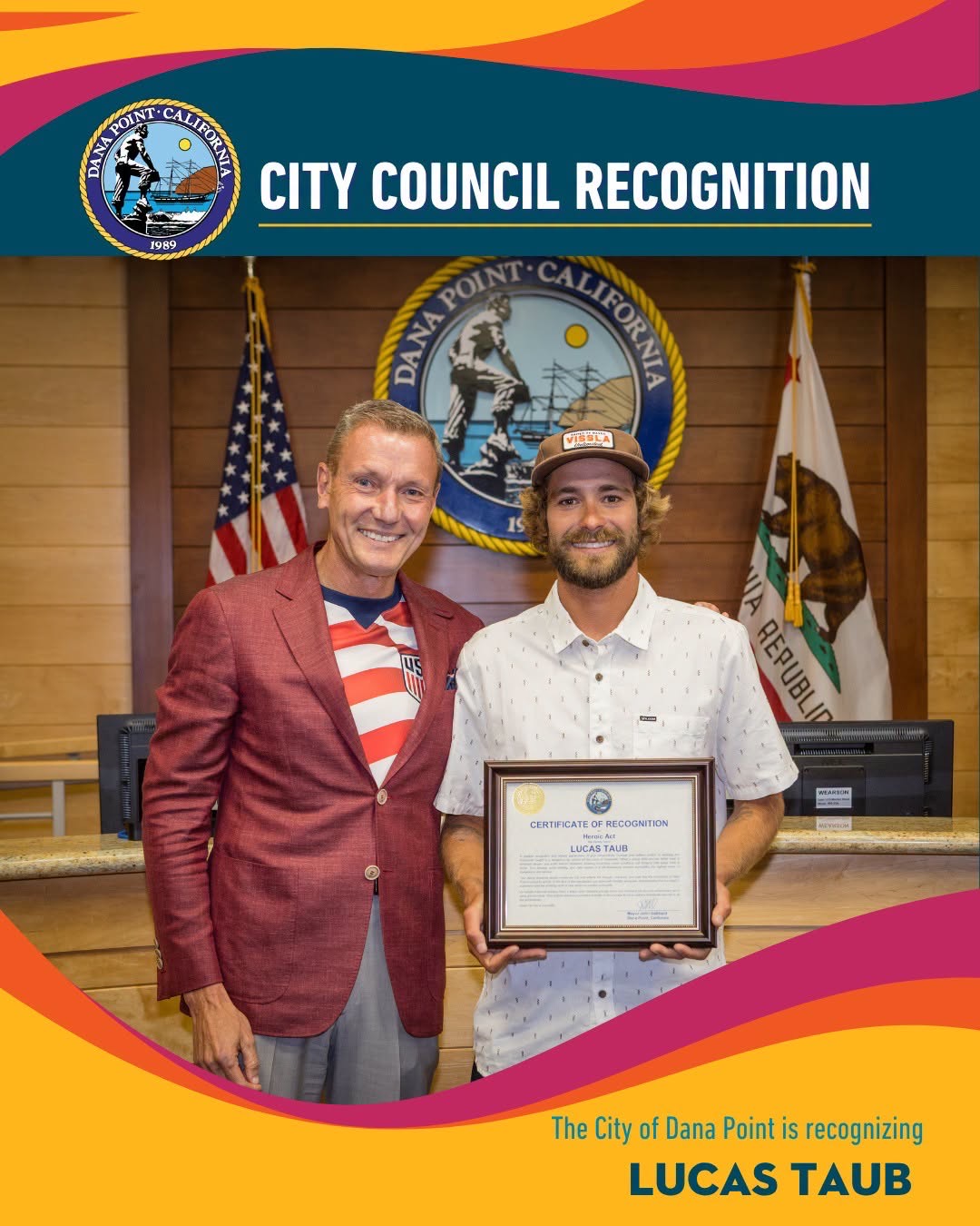 City of Dana Point City Council Recognition: Lucas Taub receiving a Certificate of Recognition for a heroic act